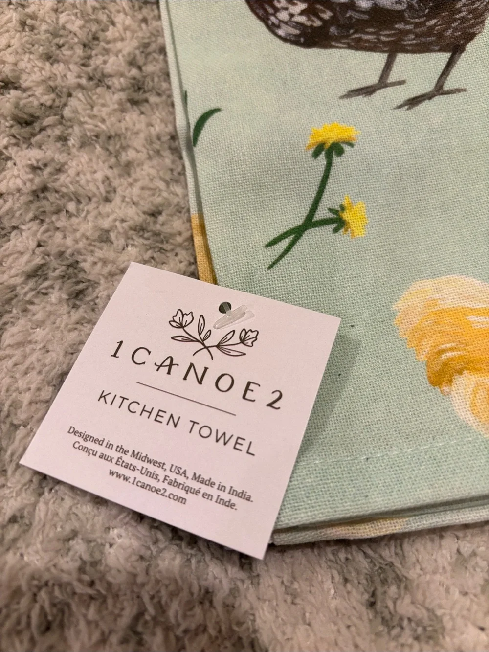 Pastel Mint Green Chickens & Flowers Kitchen Towel NWT Cotton 27”x 19”